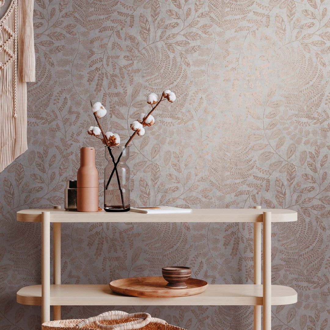 Tapete Kupfer Grau florale Vliestapete Palmen Blätter Mustertapete Wohnzimmer