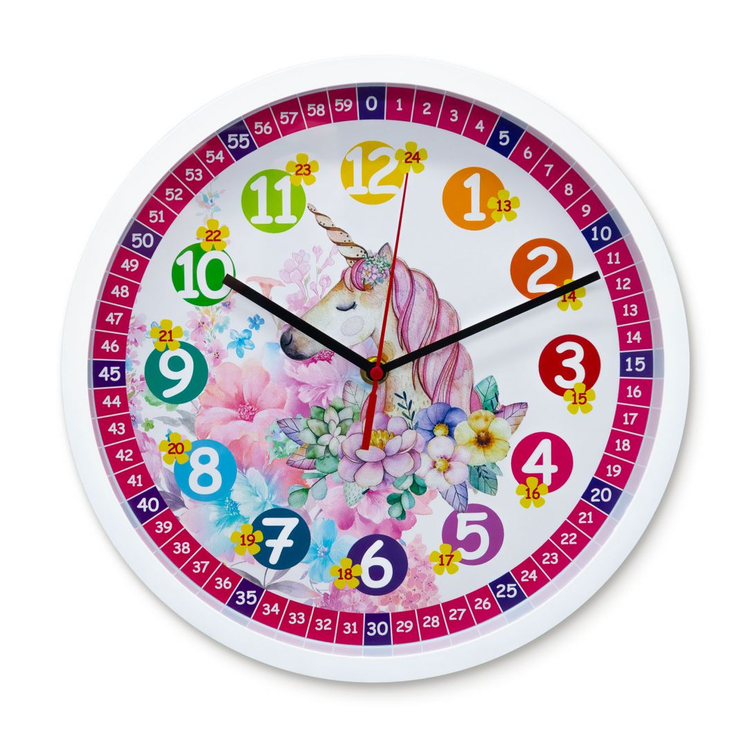 Wanduhr Kinder mit Einhorn und Blumen | rund | Ø30 cm