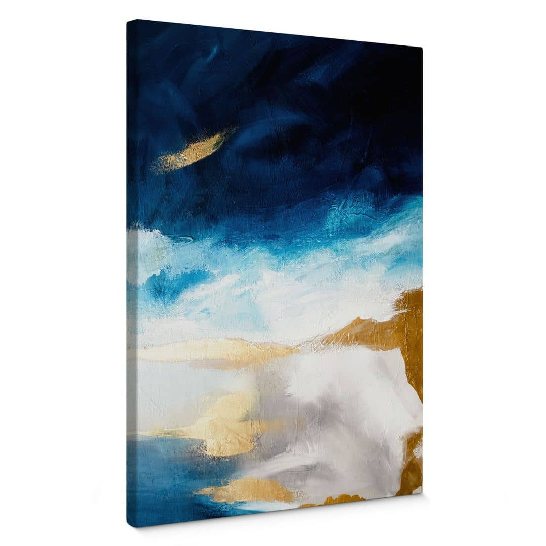 Abstraktes Leinwandbild Weiß/Blau Mit Goldfolie - 2-teilige Handbemalung Für Die Wand