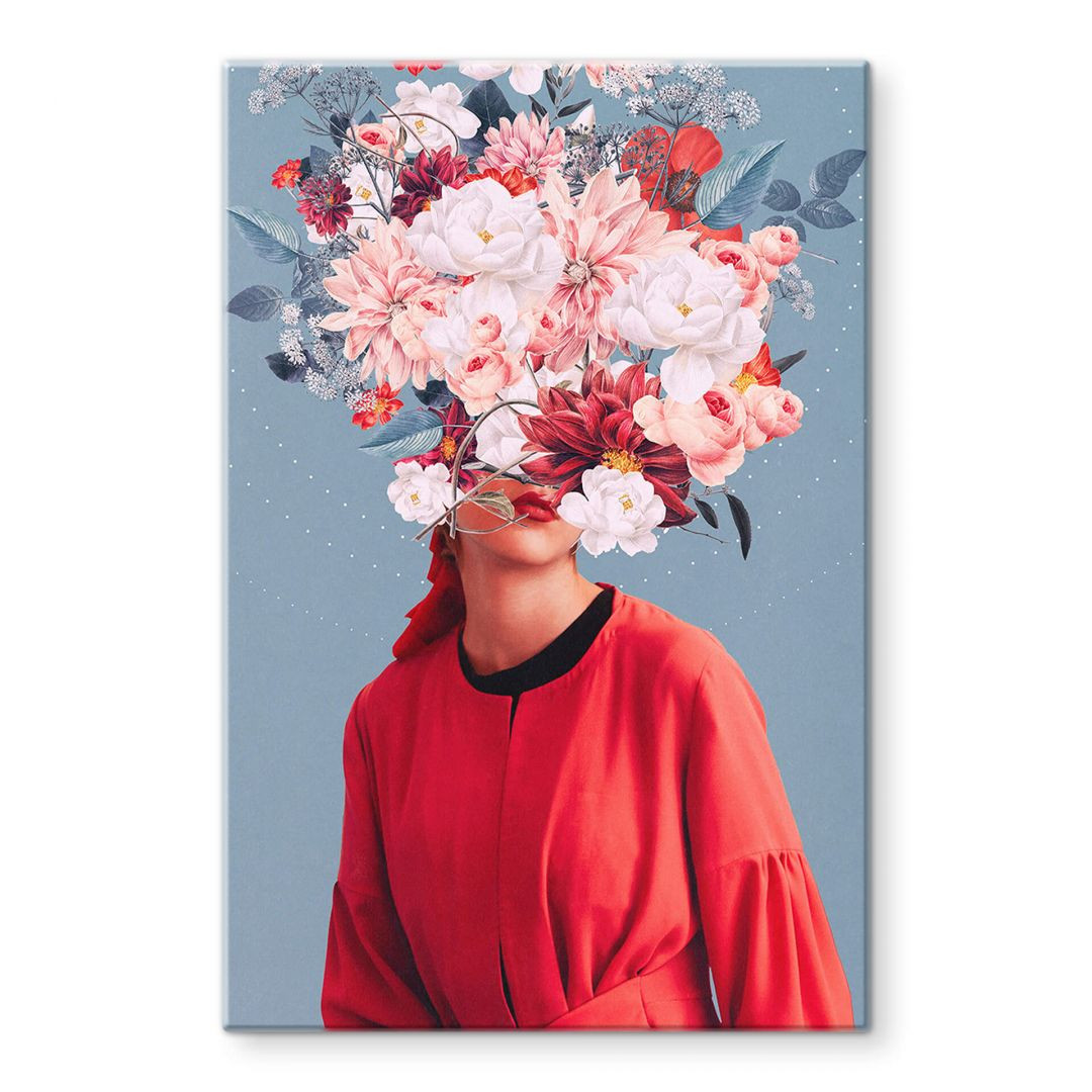 Glasbild Porträt - Elegante Frau mit prachtvollen Blumen