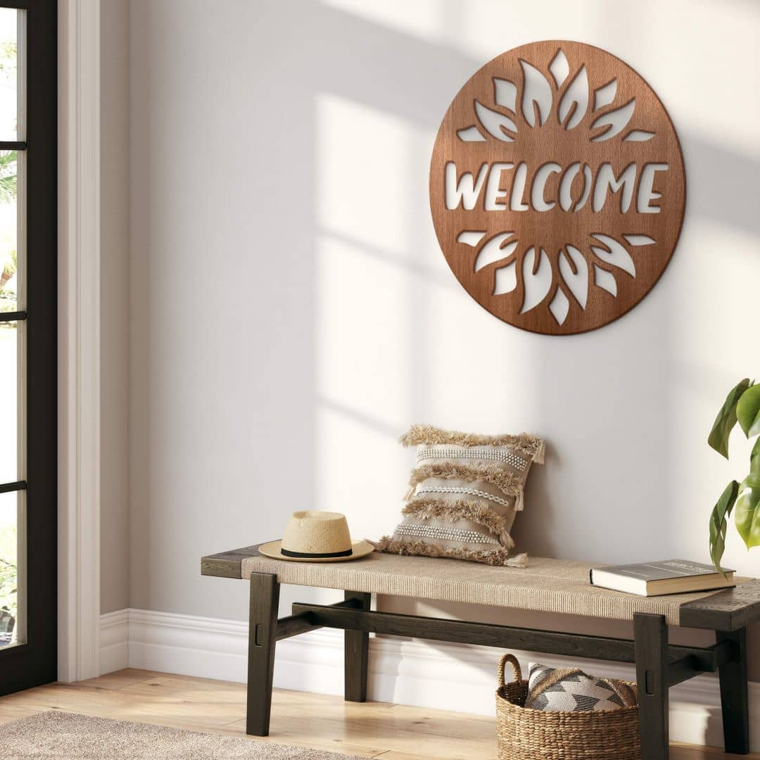 Holzdeko Türschild - Welcome Sonnenblume - Mahagoni - Rund