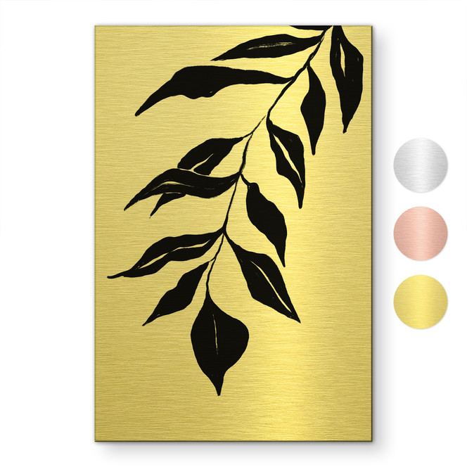Alu-Dibond gebürstet mit Gold-, Silber- & Kupfereffekt - Schwarzer Blätterzweig - Treechild