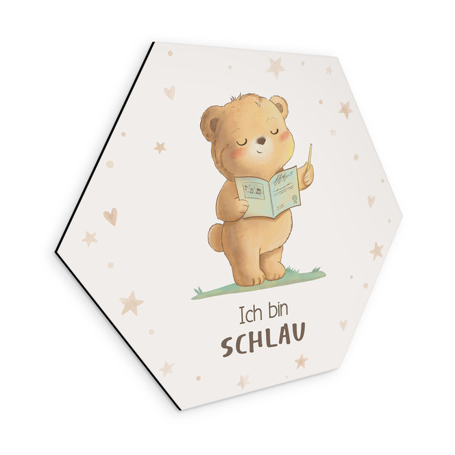 Alu-Dibond Hexagon mit Bär und Buch - positiver Spruch "Ich bin schlau"