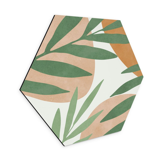 Hexagon Wandbild Abstrakte Zweige im tropischen Look - Costa - Alu-Dibond