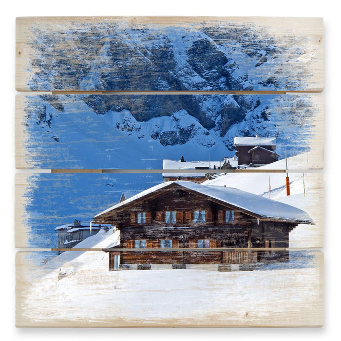 Holzbild Ferienhütte in den Schweizer Alpen - 40 x 41.5 cm