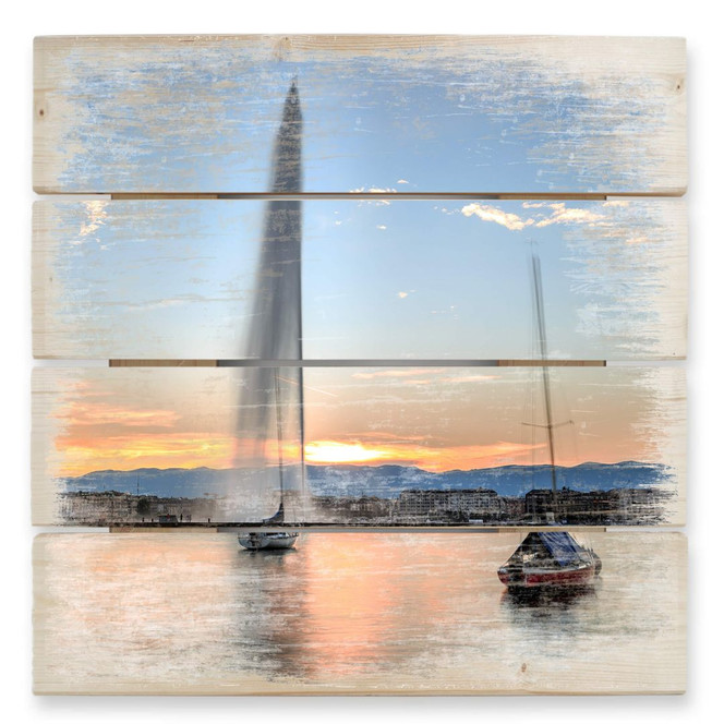 Holzbild Wasserfontäne im Genfer Sonnenuntergang - 40 x 41.5 cm