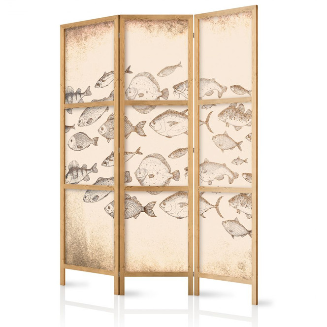 Japanischer Paravent, Raumteiler freistehend, Trennwand - Sketch of School of Fish