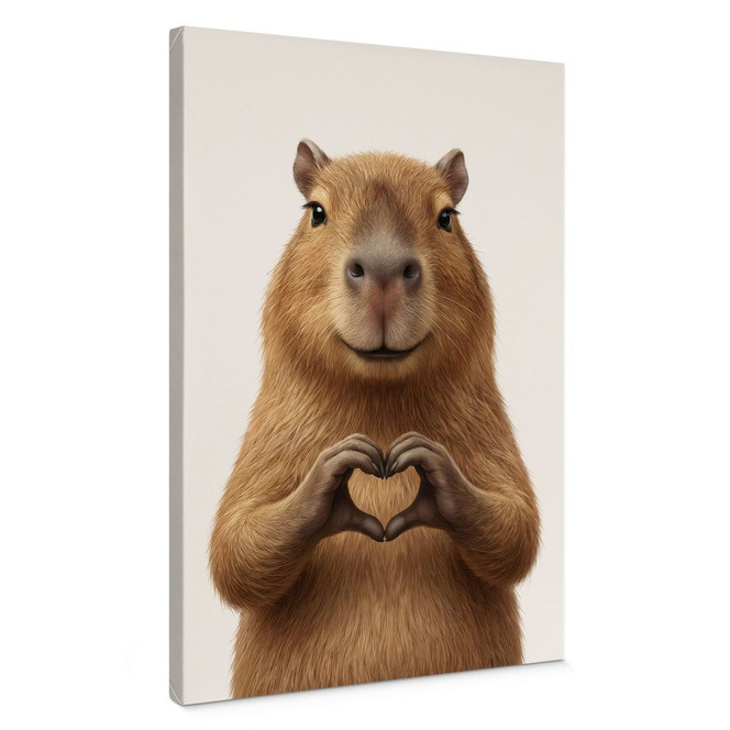 Leinwandbild Capybara mit Herzhand