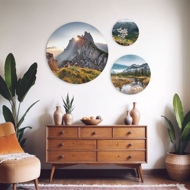 Rundes Wandbilder-Set Beeindruckende Berglandschaften (3-teilig) - Alu-Dibond
