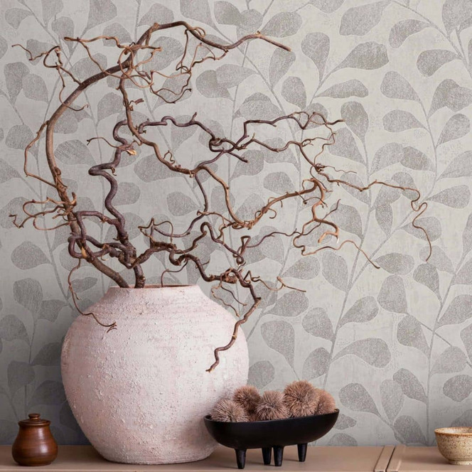 Vliestapete Blätter, Beton Floral Natur in Grau