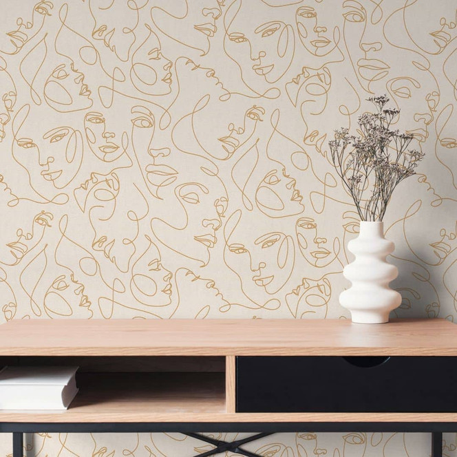 Gesichter-Tapete Line-Art Creme Gold - Vliestapete modern abstrakt elegant
