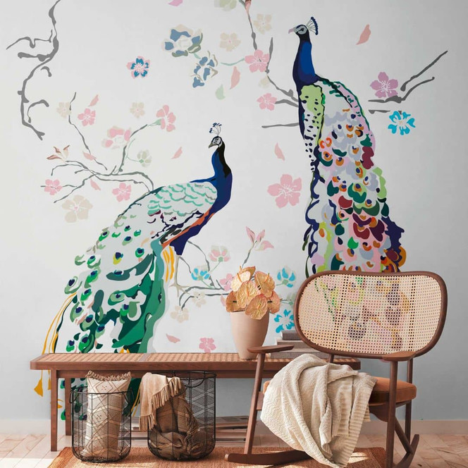 Tiertapete Bunt - Vliestapete Pfau Natur - Vogeltapete Blumen Floral Weiss