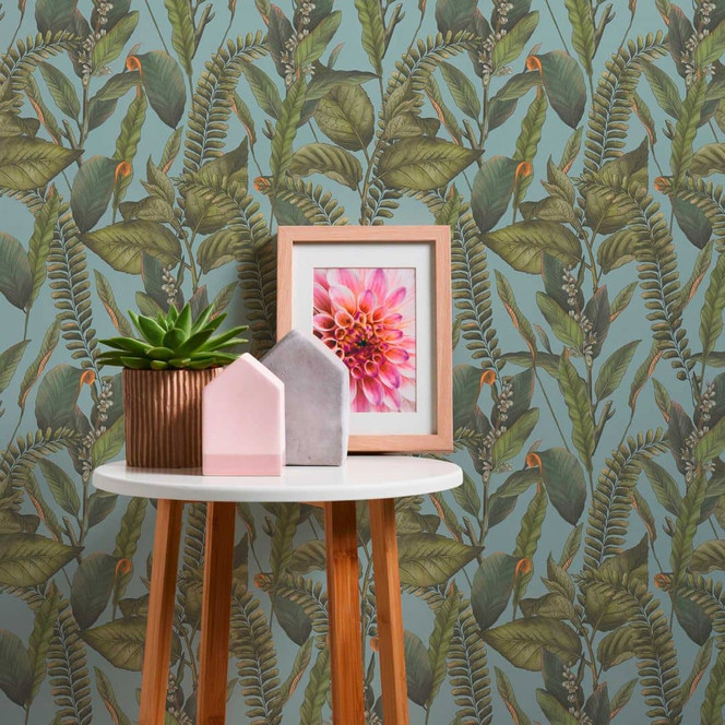 Dschungel-Tapete Blau Grün - Vliestapete floral mit Blättern und Blüten