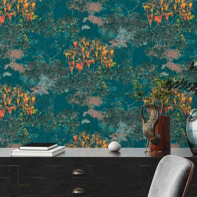 Florale Vliestapete mit Bäumen Schwarz Dunkelblau - Tapete im Aquarell-Look