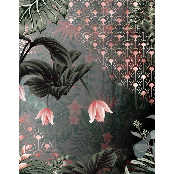 Fototapete Bildtapete Art-déco Kranich im Dschungel mit Blüten und Fächermuster 3.4 x 2.65 m