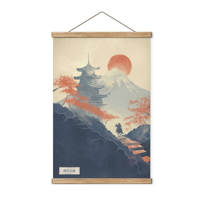 Stoffbild Sonnenaufgang über der Pagode | Japan Landschaft Illustration - Roze
