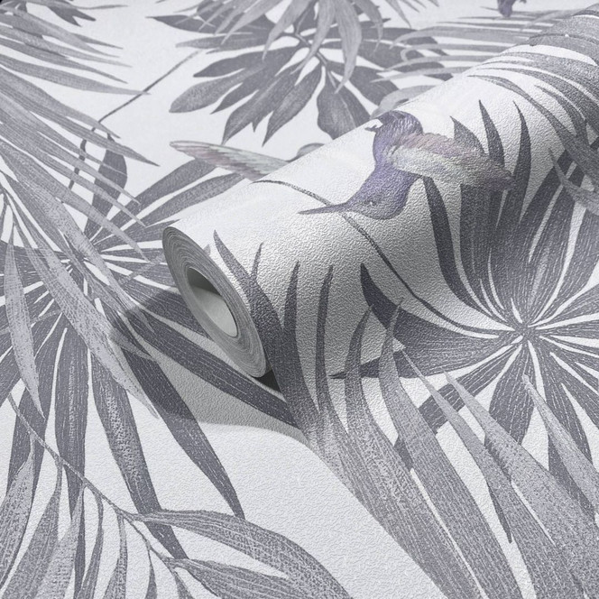 Vliestapete mit Kolibri und Blättern weiss, grau Floral