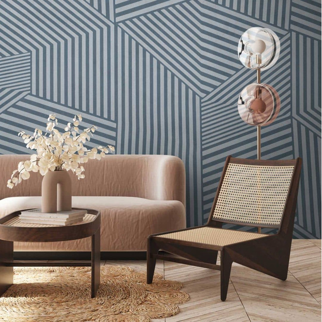 3D Fototapete Geometrisch Blau Grau - Vliestapete mit Streifenmuster für Wohnzimmer & Büro