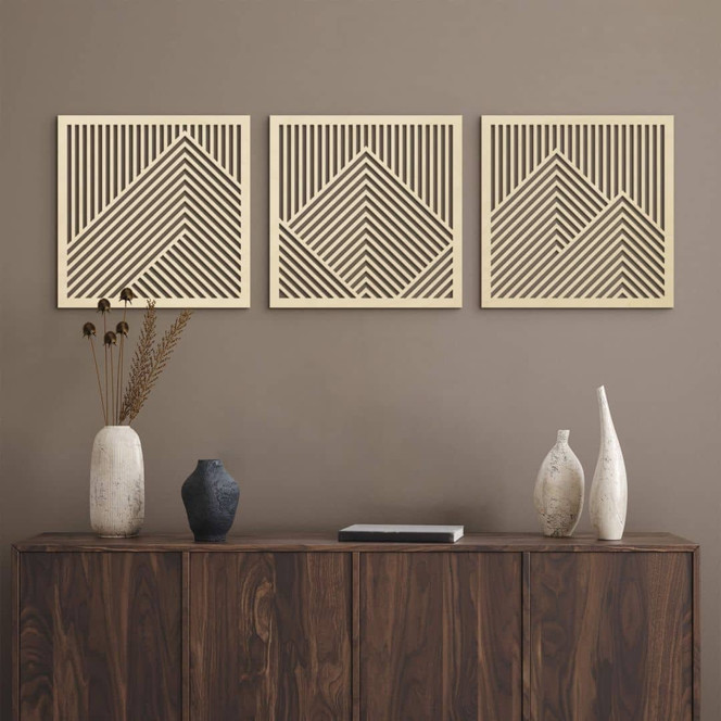 3D Wanddeko Berg Landschaft Wandpaneele Holz Motiv geometrisch (3-teilig) - Pappelholz