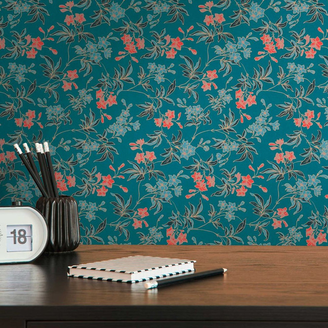 Blümchen-Tapete mit Blüten Rot Blau - Blumen-Mustertapete modern - Vliestapete floral