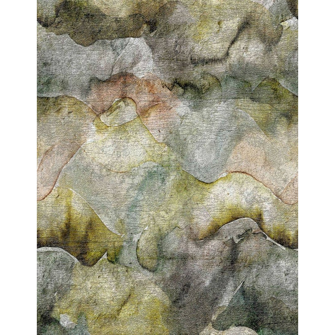 Fototapete Motivtapete Aquarell-Berglandschaft in Moosgrün und Graublau mit Patina 3.4 x 2.65 m