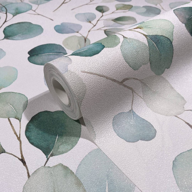 Vliestapete mit gemalten Blättern weiss, grün Floral