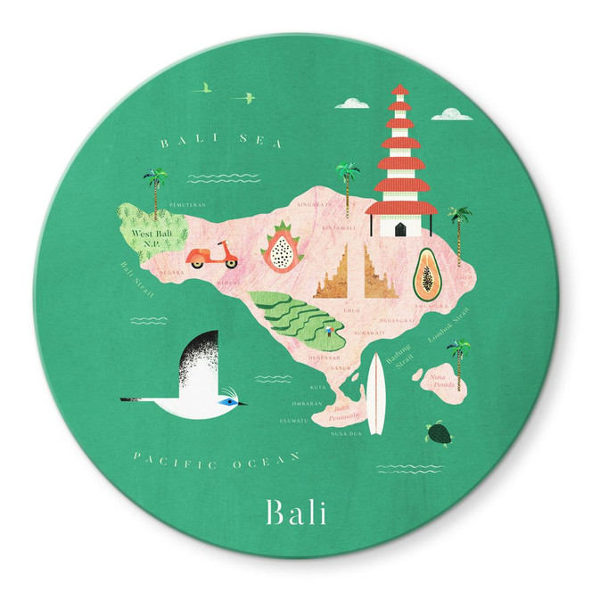 Glasbild Karte von Bali - Rivers - Rund