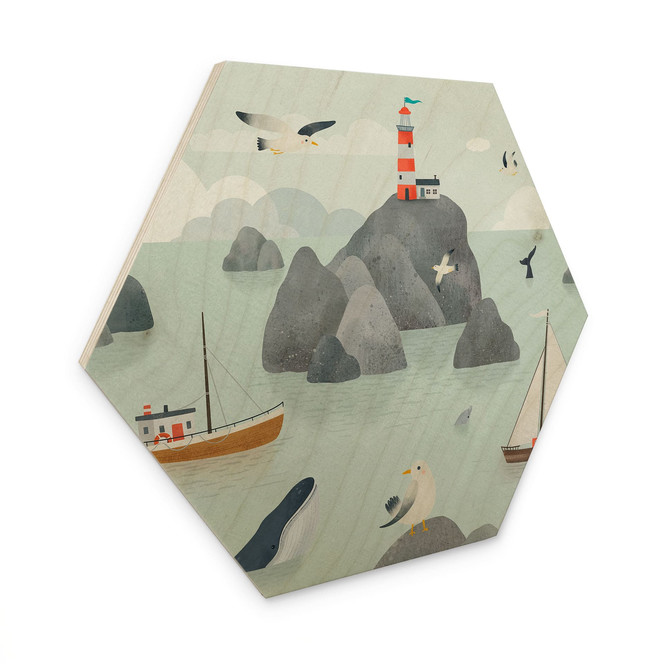Hexagon Holzbild Maritimes Küstenmotiv mit Leuchtturm - Oliver Robins
