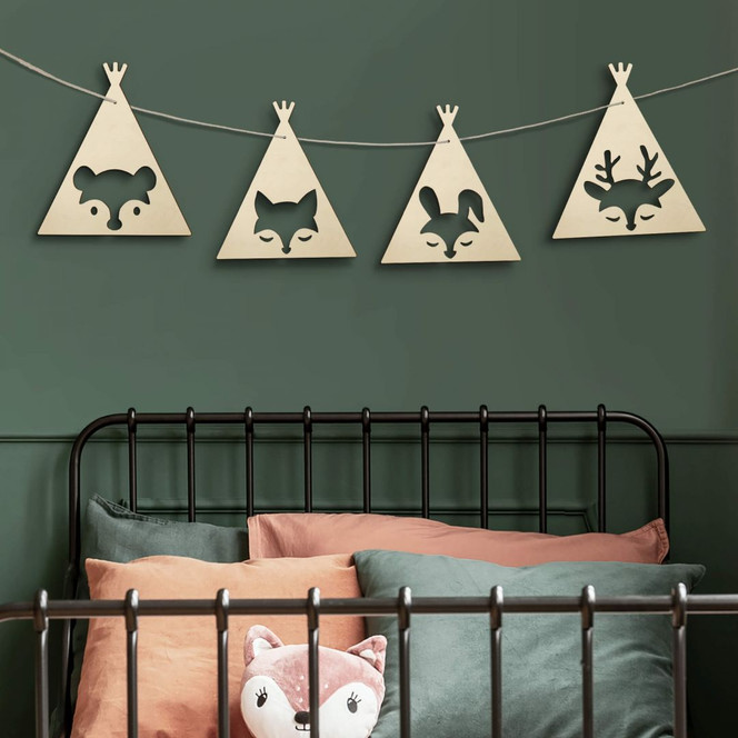 Holzdeko Pappel - Wimpelkette Tipi Tiere 4er-Set inkl. Baumwollseil