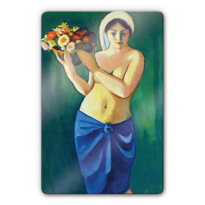 Glasbild Macke - Frau eine Blumenschale tragend
