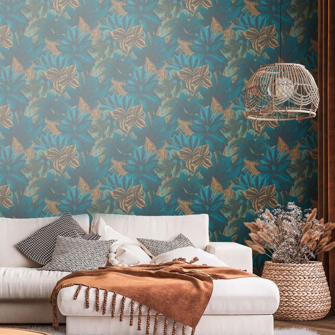 Vliestapete Blätter Blau Grün Dschungeltapete Gelb Tapete Natur Blätter Küche