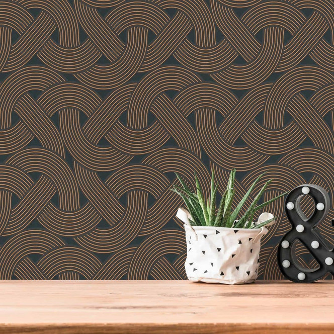 Vliestapete im Art-Deco Style Schwarz Gold - Grafik-Tapete mit Linienmuster