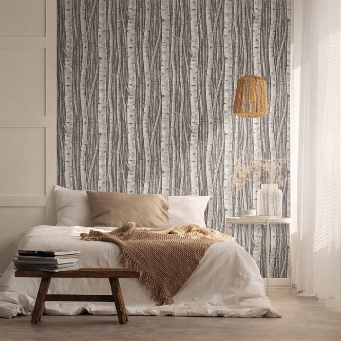 Vliestapete mit Wäldern und Buchenbäumen grau, braun Floral