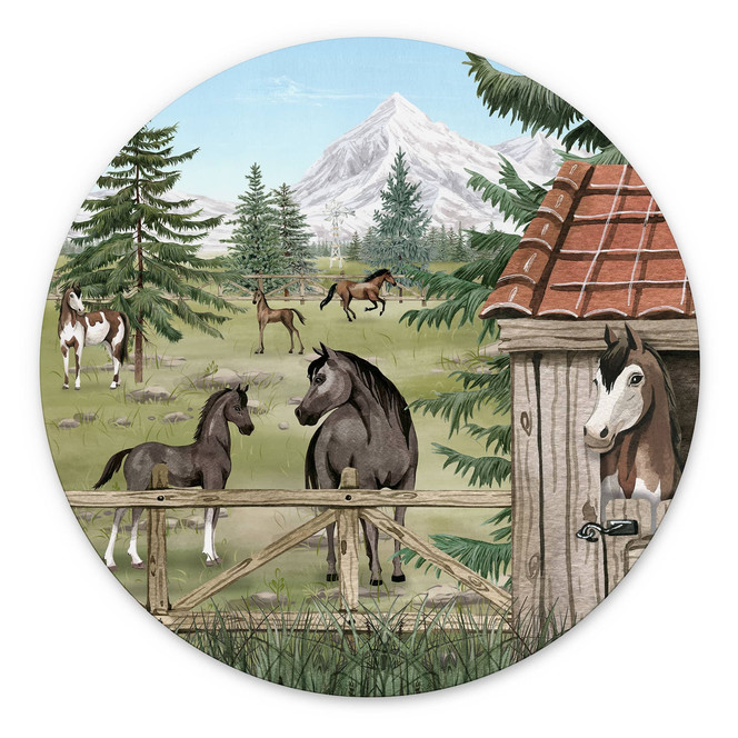 Wandbild Pferdegehege im Naturpark - Oliver Robins - Alu-Dibond - Rund
