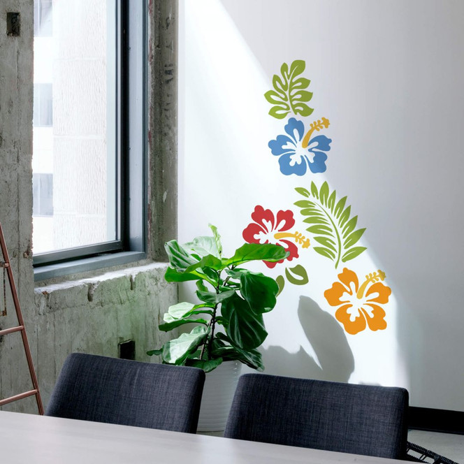 Wandtattoo Hibiskusblüten - blau-rot-gelb