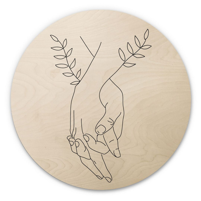 Holzbild Line Art - Liebespaar Händchen haltend - Lizde - Rund