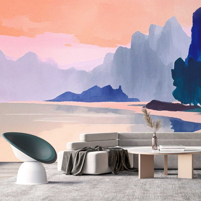 Fototapete Landschafts-Tapete Bergsee bei Dämmerung - Aquarell Optik