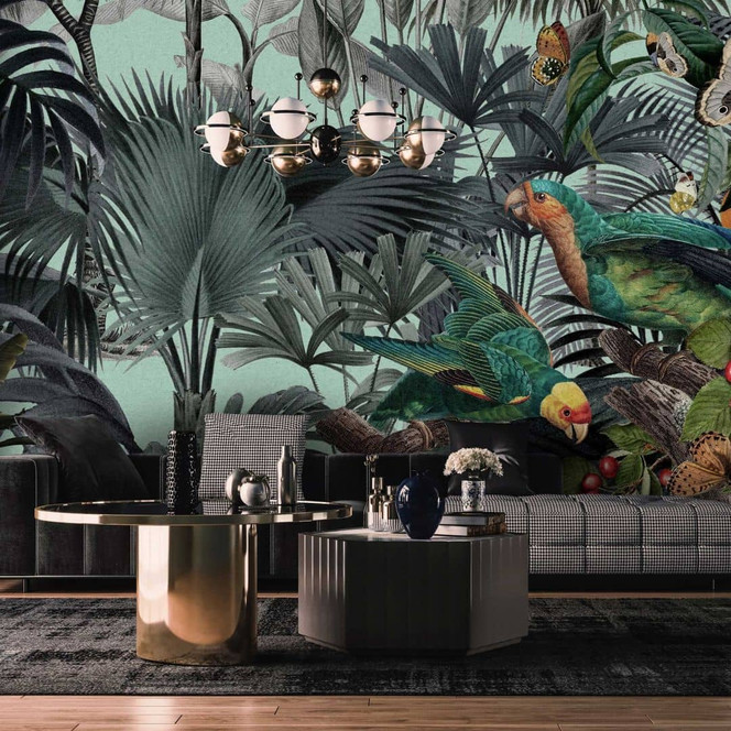 Fototapete Tropische Dschungel-Tapete - Papageien und Palmen Muster