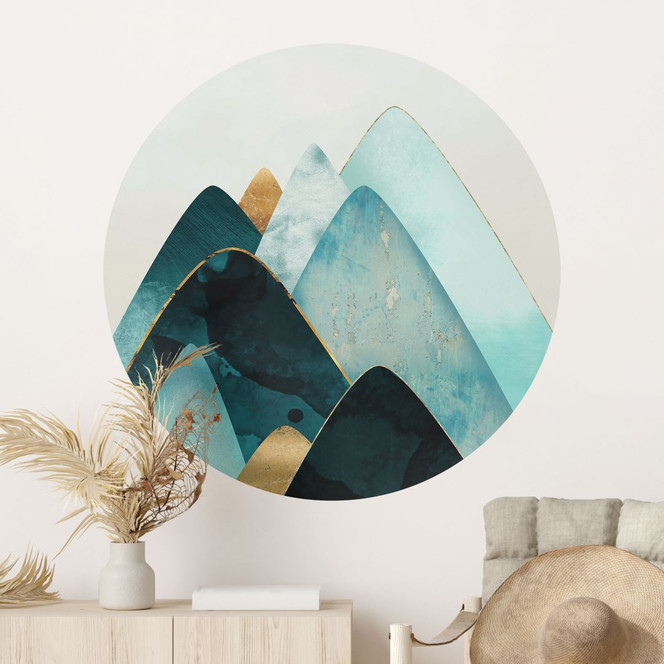Wandtattoo Abstrakte Berge in Gold und Blau - SpaceFrog Designs - Rund