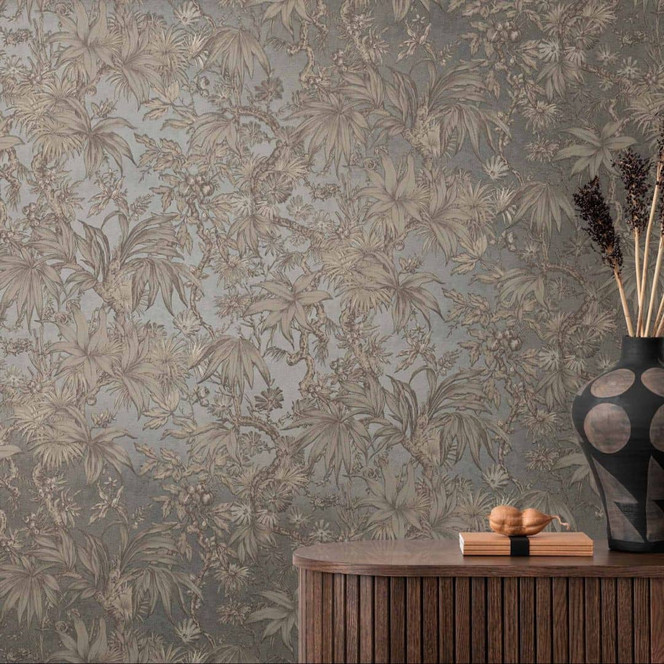 Botanik-Tapete Blau Braun - Exotische Mustertapete floral - Vliestapete