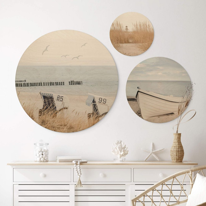 Holzbild Ostseeküste mit Strandkörben, Ruderboot und Leuchtturm Set (3-teilig) - Rund