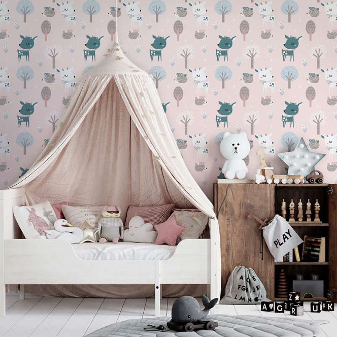 Kindertapete, Vliestapete mit Illustration Kids Walls rosa, weiss