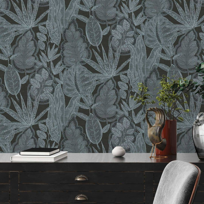 Vliestapte im floralem Design Schwarz Grau - Grafik-Tapete mit Blättern