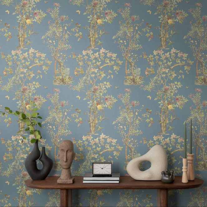 Florale Mustertapete mit Schmetterlingen Blau Grün Rosa - Vliestapete Naturmotiv