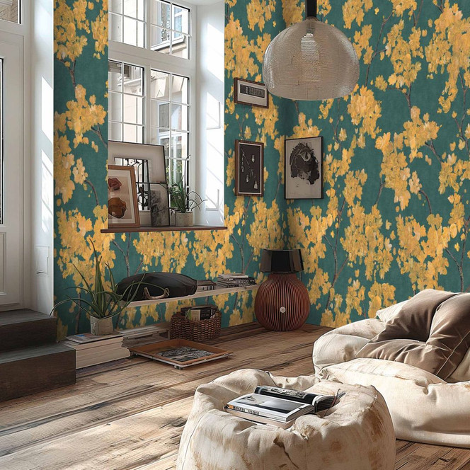 Fototapete Blütenzweige Gelb Grün – Vliestapete erweiterbar