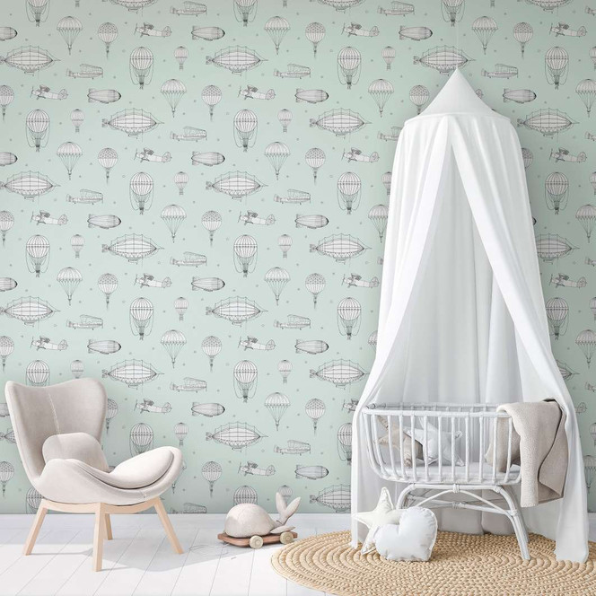Kindertapete, Vliestapete mit Illustration Kids Walls grün, weiss