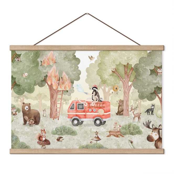 Kinderzimmer Stoffbild Tier-Feuerwehr im Wald - Oliver Robins