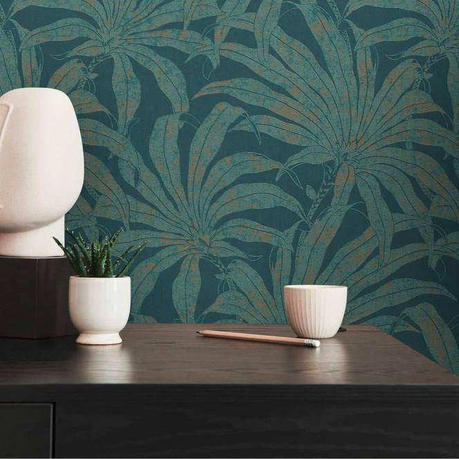 Pflanzen-Tapete leicht glänzend Blau Gold - Mustertapete mit Dchungelmuster