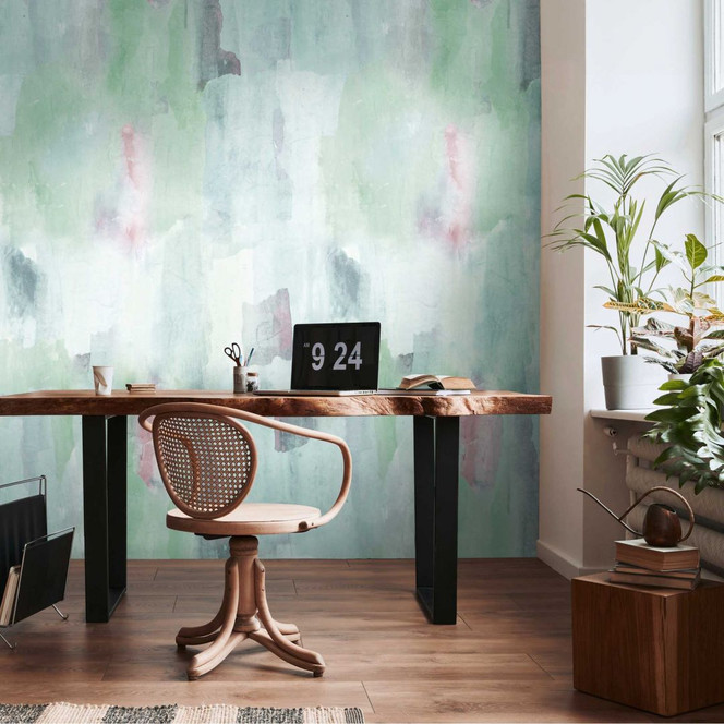 Aquarell-Fototapete in Grün Rosa – Künstlerische Design-Tapete – Vliestapete modern