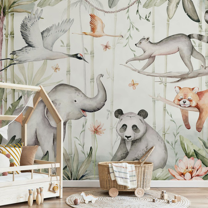 Fototapete Kinderzimmer - Asiatische Tiere im Bambuswald - Kvilis